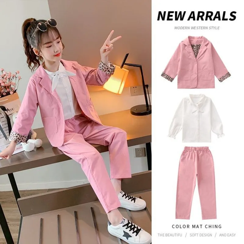 

Женский официальный Модный комплект одежды для девочек-подростков, длинная рубашка + пиджак и брюки, комплект из трех предметов розового цв...