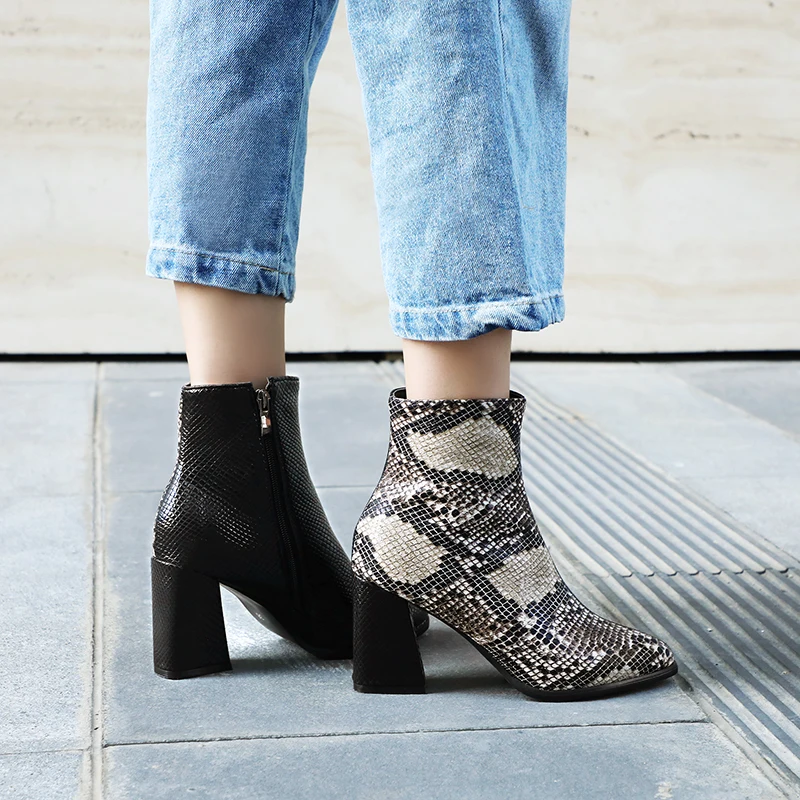 JK Snake Skin Pu Boots Women High Heels Ankle Booties Ladies Zip Shoes Female Emboss Pointed Toe Winter 2020 | Обувь