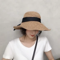 lday elegant temperament spring and summer sunscreen anti uv outdoor street women straw hat beach travel hat with black silk