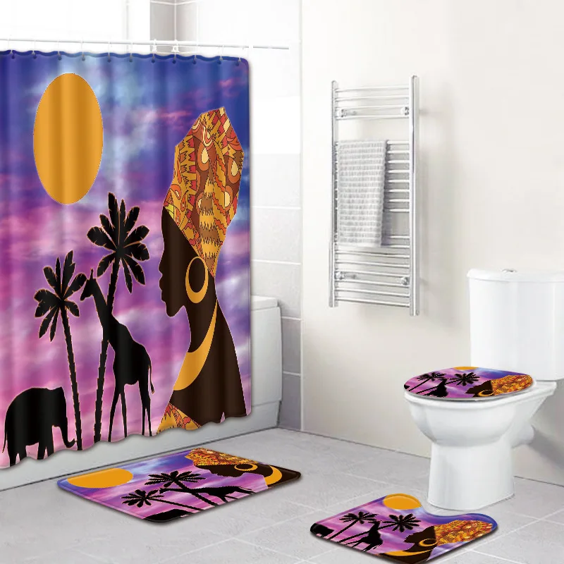 Offerte Moda Sexy Donna Africana Bagno Tappeto Stampa 3D Tappetino Antiscivolo Coperchio Coperchio Wc Bagno Tende Da Doccia Set 4 Pezzi Tappeti