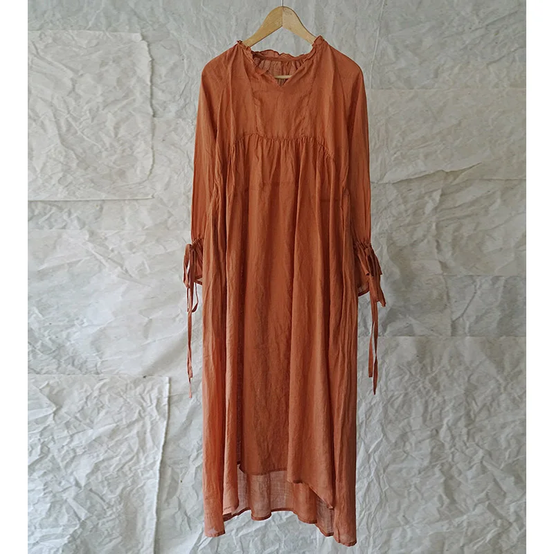 

SCUWLINEN 2020 Women Spring Summer Dress Vintage Solid Loose Long-sleeve Ruffles Drawstring Long Ramie Dress Vestidos P233