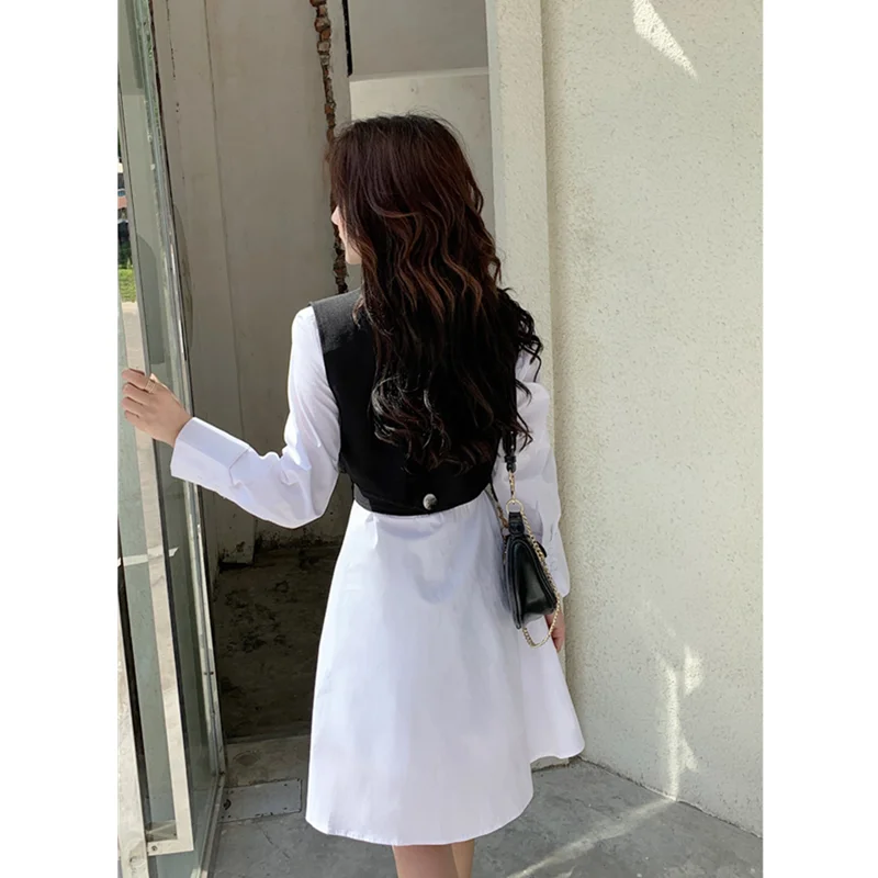 

Fall 2020 new shirt skirt + fashionable short vest collocation dress temperament thin two-piece dress