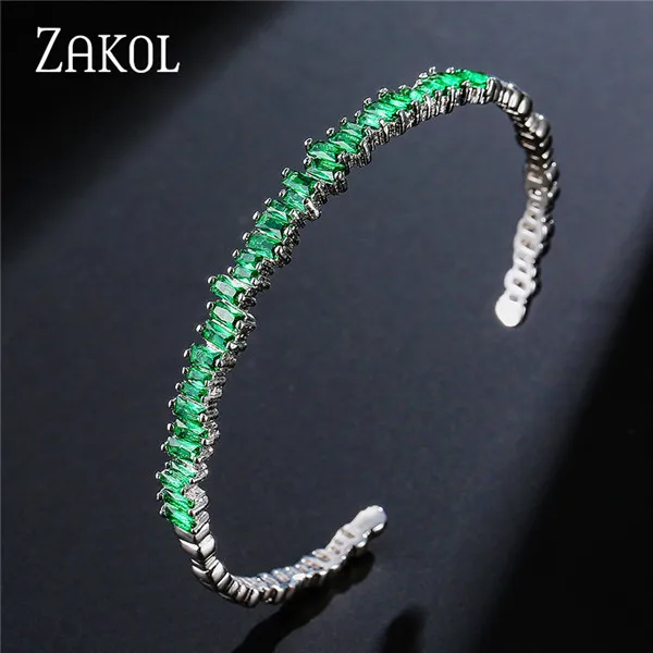 Green Модные черные браслеты ZAKOL с кубическим цирконием, модные браслеты-манжеты для женщин и девушек, вечерние ювелирные изделия на свадьбу FSBP154 - Окраска металла: Green