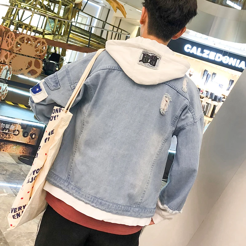 Мужская Осенняя джинсовая куртка с капюшоном однотонная Повседневная имитацией