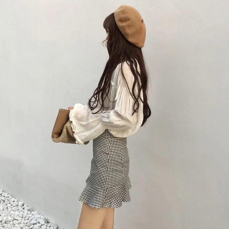 

Mini Skirts Women Plaid Trumpet Ruffles Temperament Office Lady Daily Slim Korean Style Outdoor Female Trendy Classic Summer New