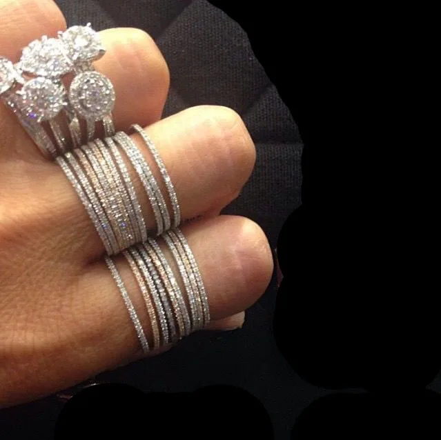 Conjunto de anillos apilables de plata 100% pura, banda de compromiso fina micro pavé cz, anillo