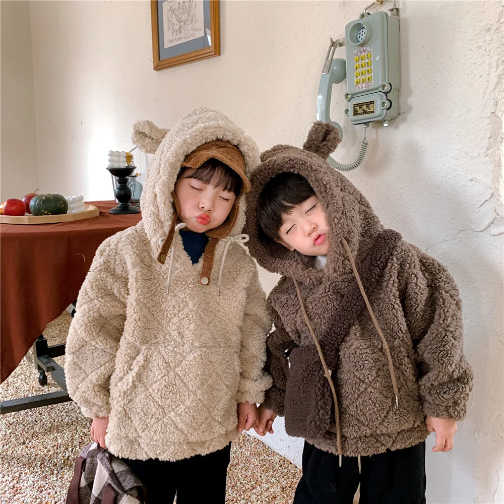 

Korean Children's Clothing 2021 Winter Boys and Girls Lamb Velvet Sweater Jacket Children's Pullover Hooded
