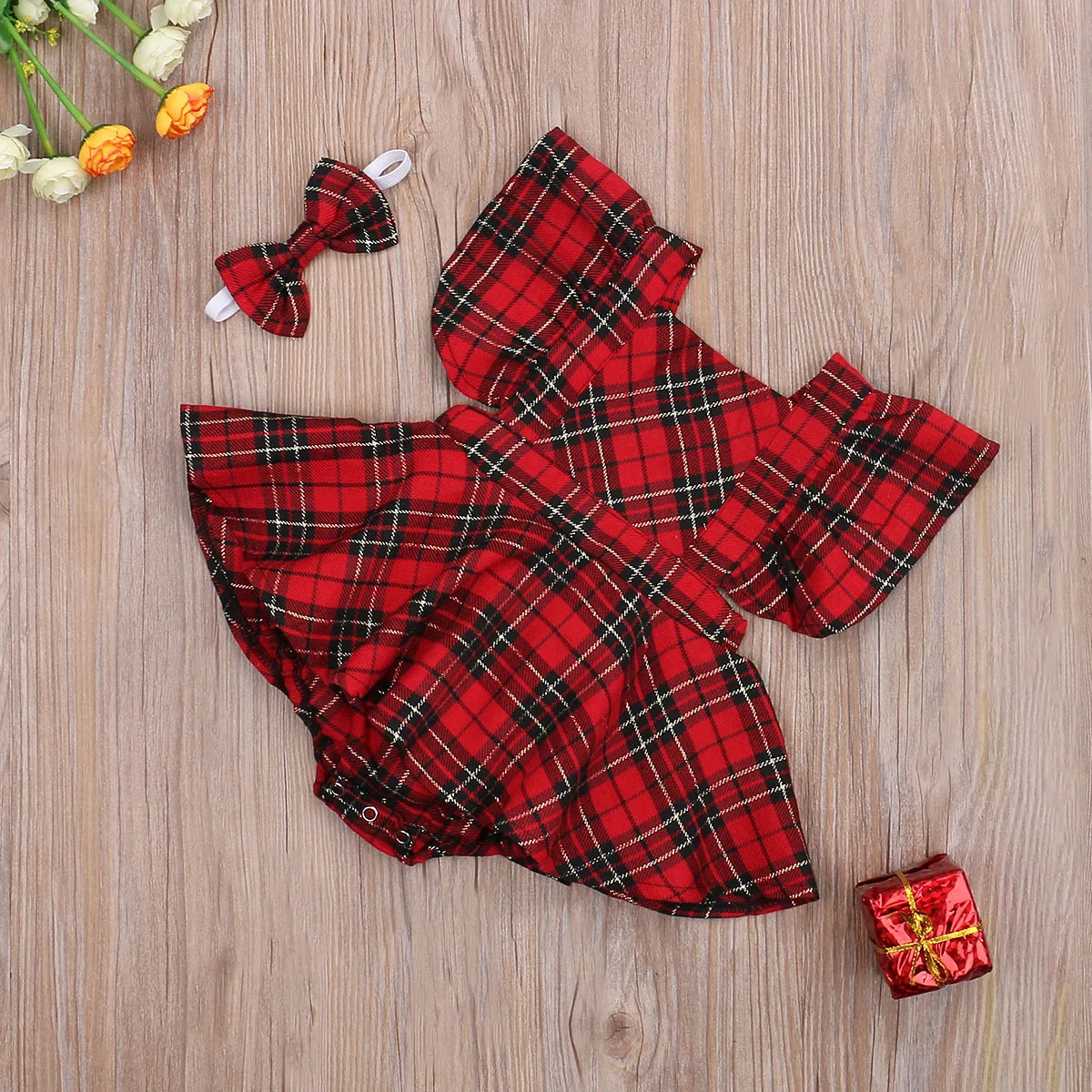 Red Plaid Loose Casual Princess Party Long Sleeve Dresses Headwear | Infant Toddler Kids Baby Girl Dress | Newborn Clothing 0-24M image 3