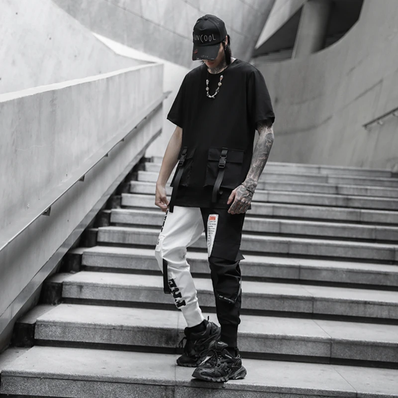 

Hip Hop Cargo Pants Men Streetwear Black White Stitching Trousers Casual Harem Joggers Sweatpants Harajuku Tide Mens Clothing