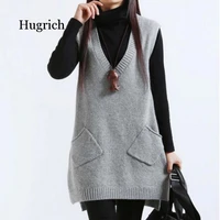 2020 women sweater spring autumn new korean womens v neck knit long a shaped pocket vest pullover sleeveless