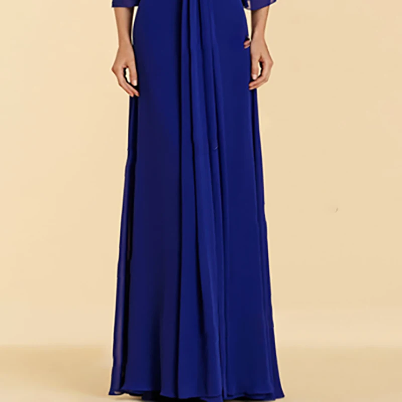 

Elegant Blue Evening Dress Illusion Chiffon Crystal Pleat Three Quarter V-Neck Floor-Length Luxury Women Formal Dresses TS446