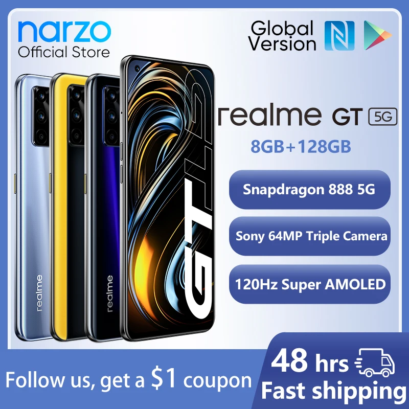 

realme GT Qualcomm Snapdragon 888 5G smartphone 120Hz refresh 6.43" FHD+ AMOLED 65W SuperDart Charge 64MP Camera 8GB 128GB NFC