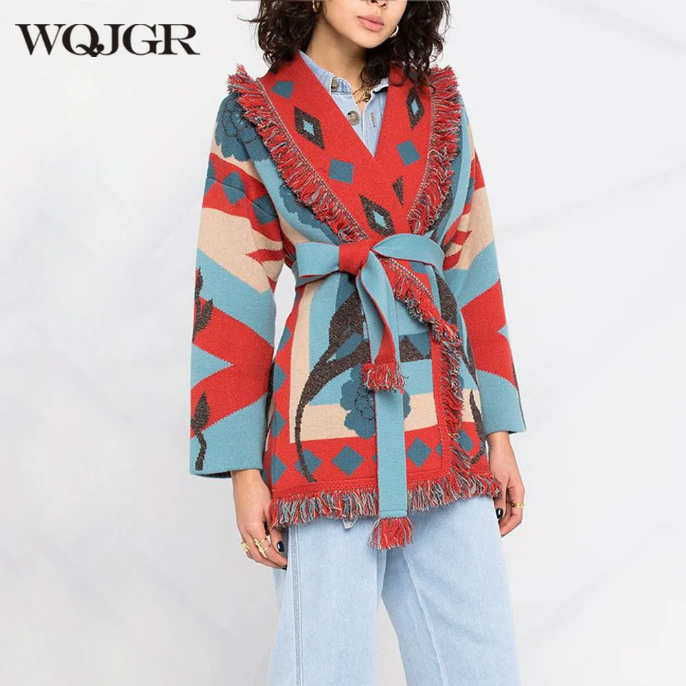 

WQJGR Autumn Winter High Quality Cardigan Sweater Women Wool Cashmere Kniited Tassel Colorful Print Loose Full Sleeve Fashion