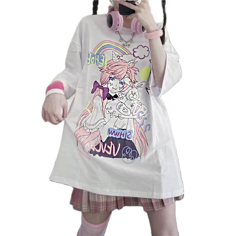 

Women Gothic Street Style T-Shirt Oversized Long Top Summer Preppy Anime Printed Tshirt Girl Korean Fashion Y2k Streetwear