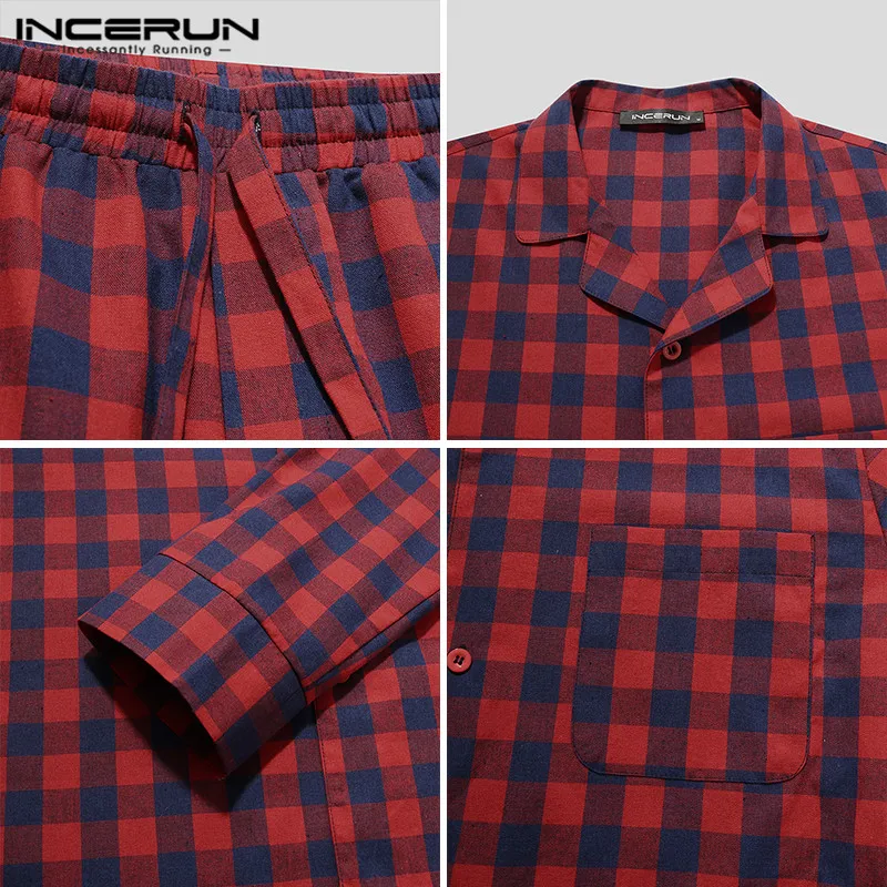 

Plaid Men Pajamas Sets Leisure Long Sleeve Button Nightwear Long Pants Cozy Men Sleepwear Suits 2 Pieces Homewear INCERUN S-5XL