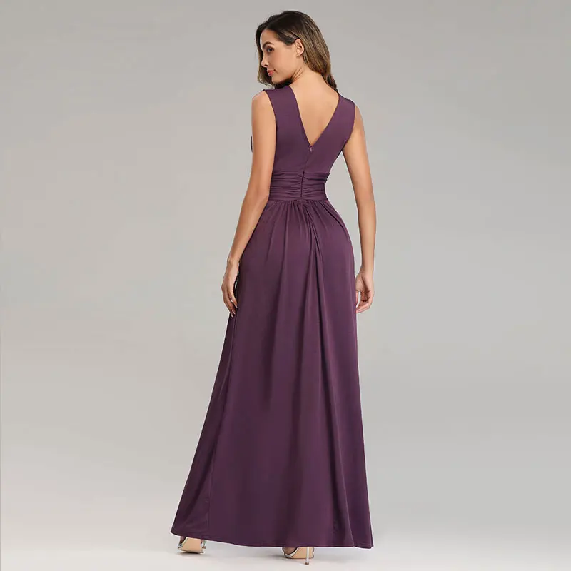 Beauty Emily Flexible V Neck Chiffon Evening Dresses Long Sleeveless Plus Size Open Back Pleated Formal Prom Gowns for Party