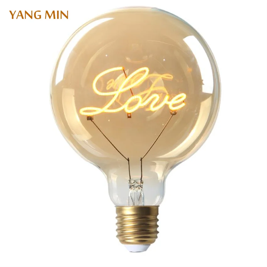 Free shippingEdison LED Light G125 4W Globe Soft Filament Lamp Love Word Design Curved Filament LED Bulb For Decorative Lighting