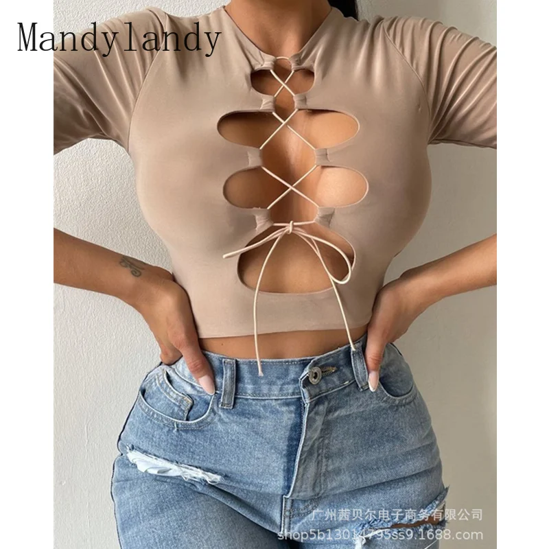 

Женская элегантная ажурная рубашка Mandylandy, укороченный топ, женская сексуальная облегающая футболка с коротким рукавом и круглым вырезом
