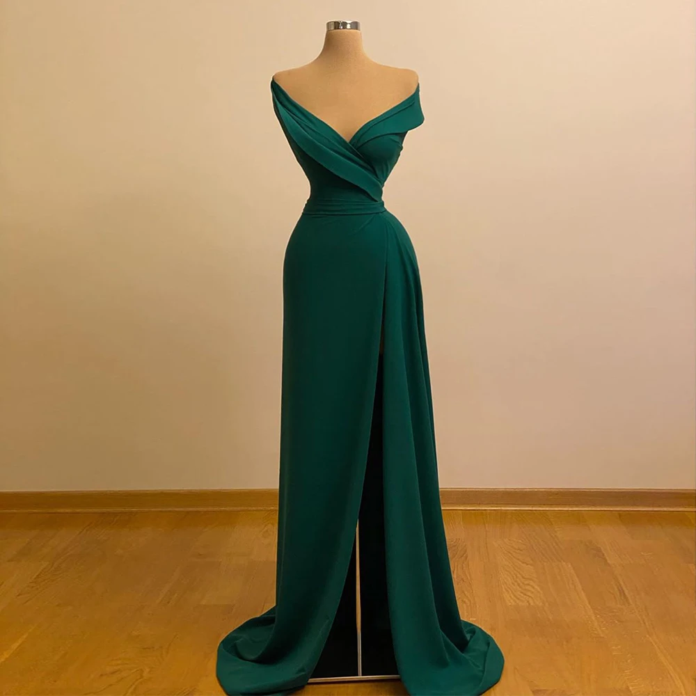

Real Picture Sexy Party Dress With Court Train Green High Side Split Sleeveless Green Evening Dress