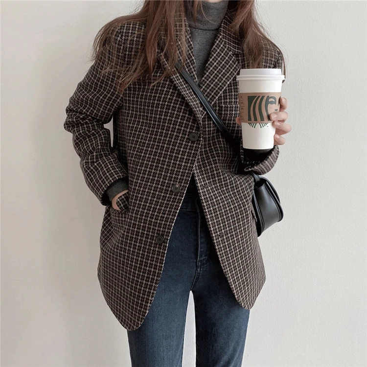 

New 2021 Autumn Winter Women's Blazers Plaid Pockets Formal Jackets Vintage Fashionable Office Lady Checkered Wild Tops