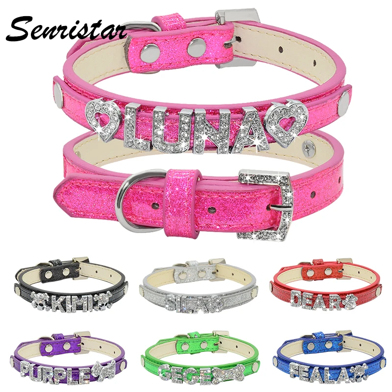 Personalized Bling Rhinestone Name Cat Dog Collar Custom Diamond Letter Leather Pet Dog Collars For Puppy Small Medium Large Dog