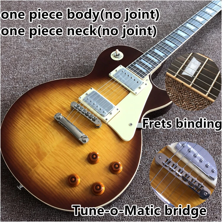 

one piece Neck one piece body electric guitar in sunburst ,Upgrade Tune-o-Matic bridge guitar Tiger Flame guitar Sunburst color