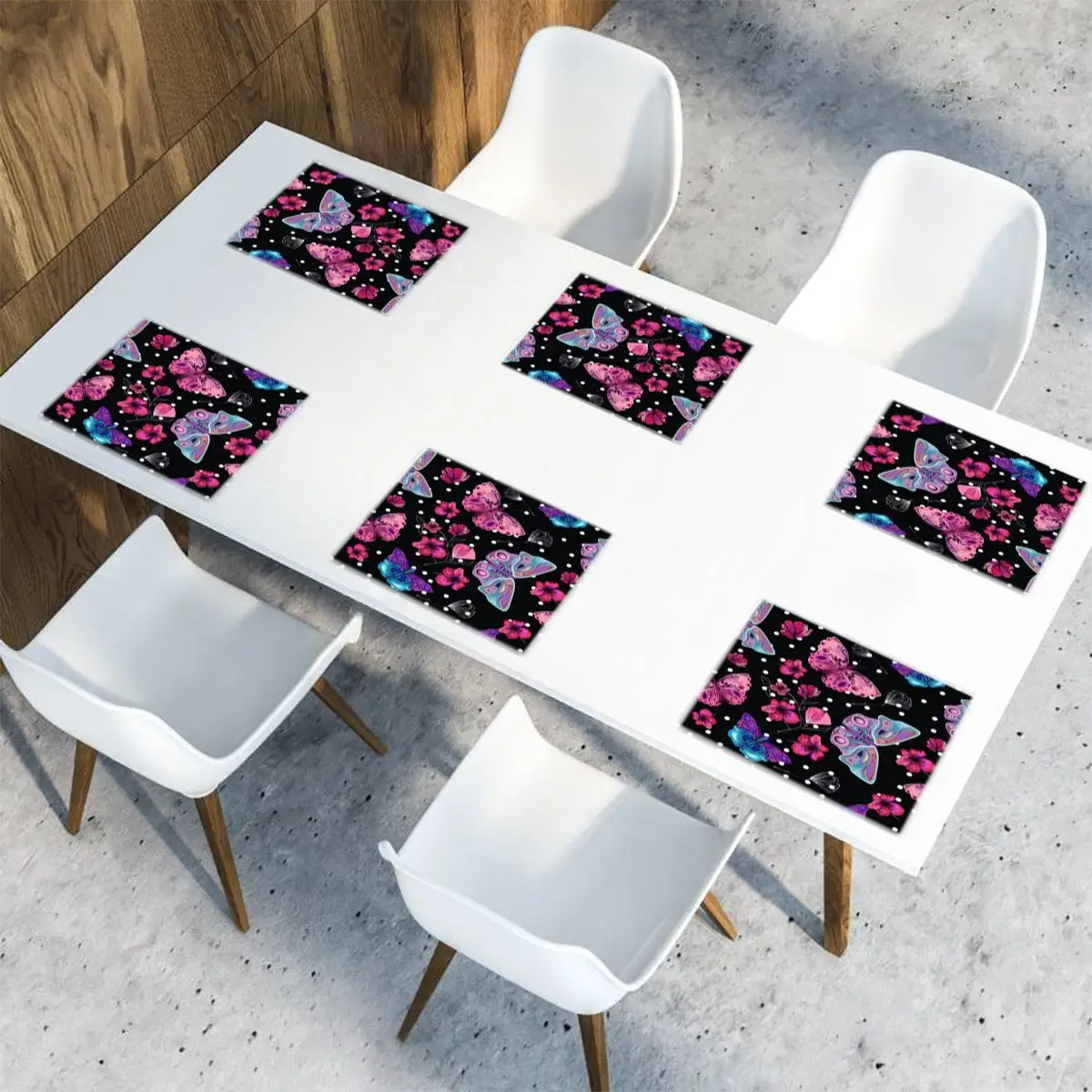 

6 Pcs Placemat Table Mat Pink Flower Butterflies Dark Print For Tables Heat-insulation Linen Kitchen Dining Pads