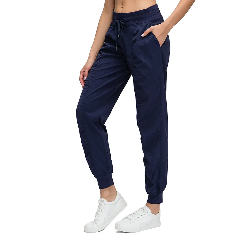 Spor pantolon dans stüdyosu Jogger kadınlar yüksek bel Drawcord Yoga pantolon cep rahat uydurma bacak spor salonları Joggers Sweatpants