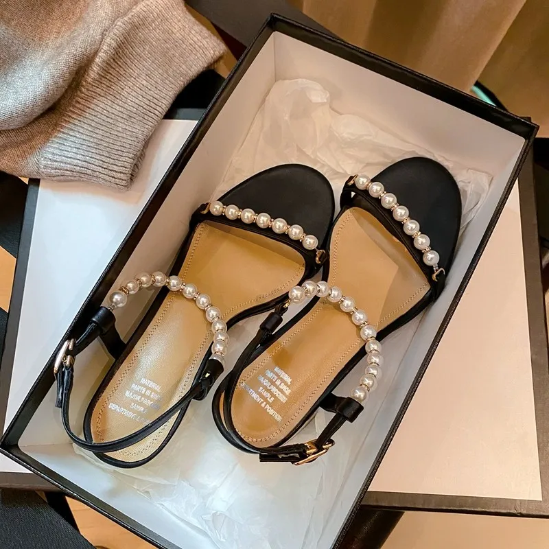 

Luxury Designer Shoes Womens Brand Sandals Pearls Ankle Strap Medium Heels Ladies Wedding Party Block Heel Shoes Female Nude New