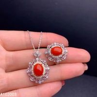 kjjeaxcmy fine jewelry 925 sterling silver inlaid natural red coral female ring pendant set luxury support detection