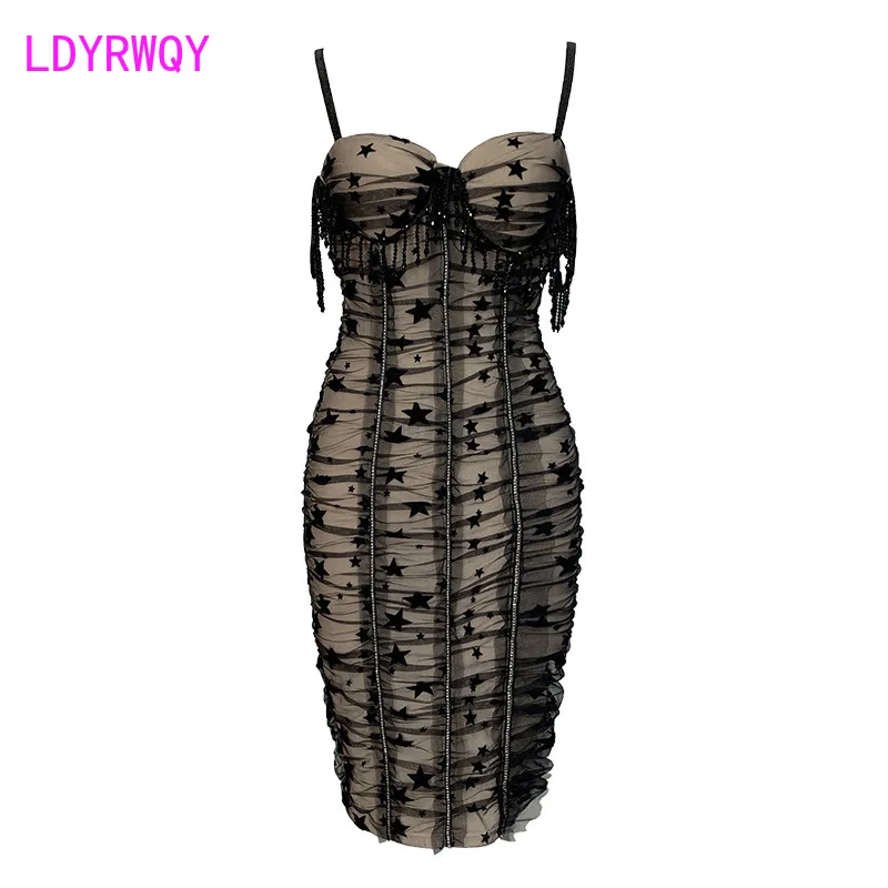 

LDYRWQY 2021 summer sexy strapless heavy industry fringed pleated mesh waistband hip dress Zippers Office Lady Polyester