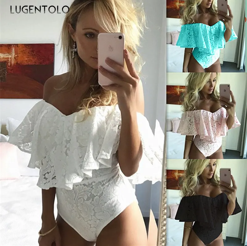

Sexy Lace Bodysuit Women Summer One-Pieces Short Sleeve Strapless Slash Neck Solid Bodycon Rompers Lady Bodysuits Lugentolo
