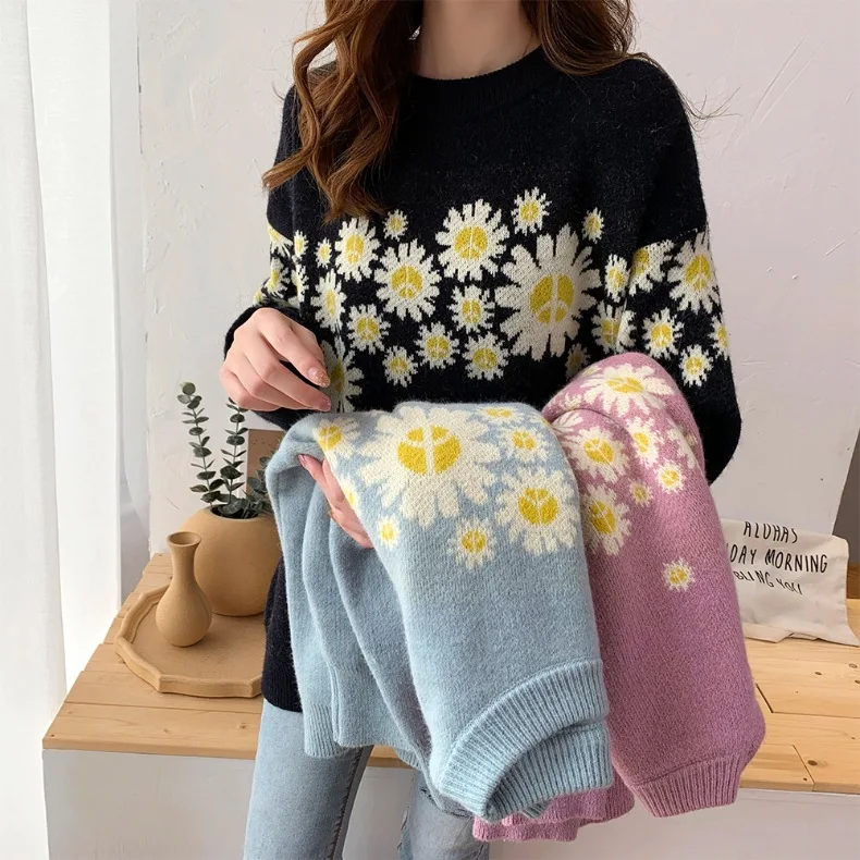 

Женский трикотажный свитер с цветами, осенне-зимняя верхняя одежда, пальто, свитера, 2020