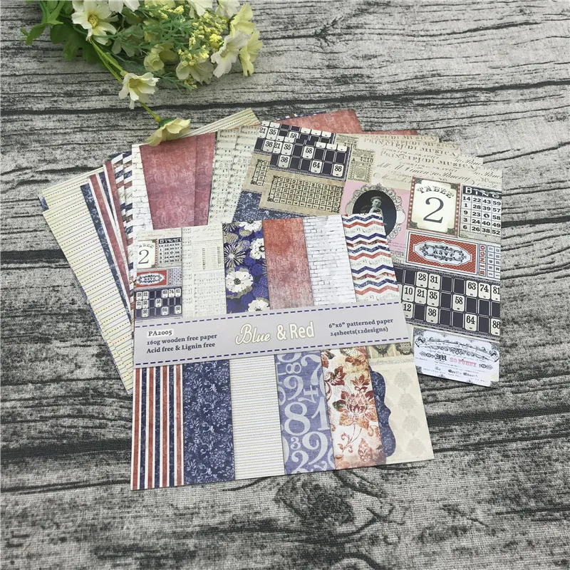 

24 sheets 6"X6"The Blue red stamp Pattern Creative Scrapbooking paper pack handmade craft paper craft Background pad