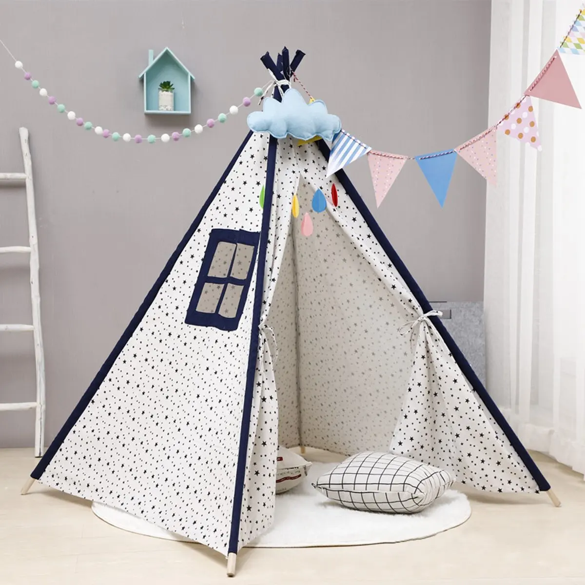 

135/160cm Large Tipi Triangle Teepee Tent Kids Play Game Playhouse Portable Canvas Sleeping Dome for Home Indoor Outdoor Beach