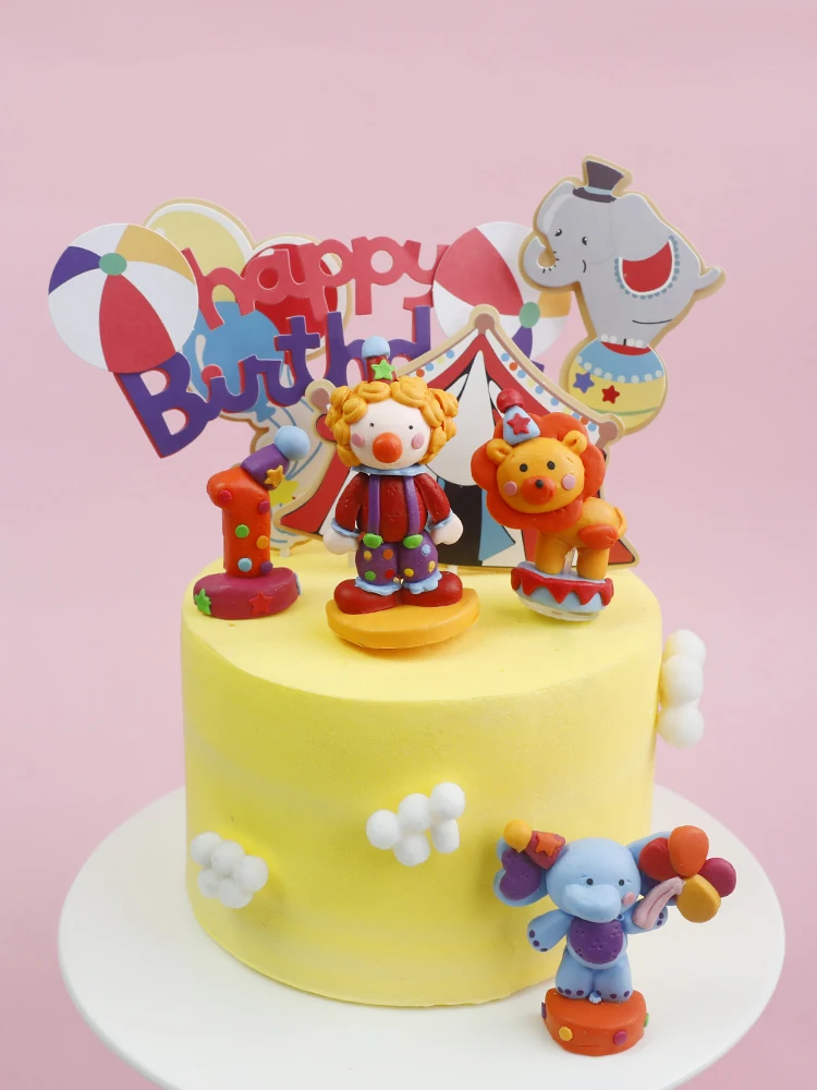 

Cartoon Elephant Lion Cake Topper Circus Clown Happy Birthday Party Decor Kids Birthday Baby Shower Children's Baking Cake Decor