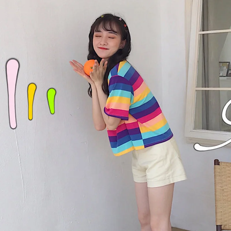 C бантом в полоску цветастой радуги для детей Harajuku с коротким рукавом Футболка