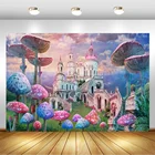Розовый фон сказочный замок Страна Чудес грибы Девушка первый день рождения портрет фотографии фоны для фотостудии