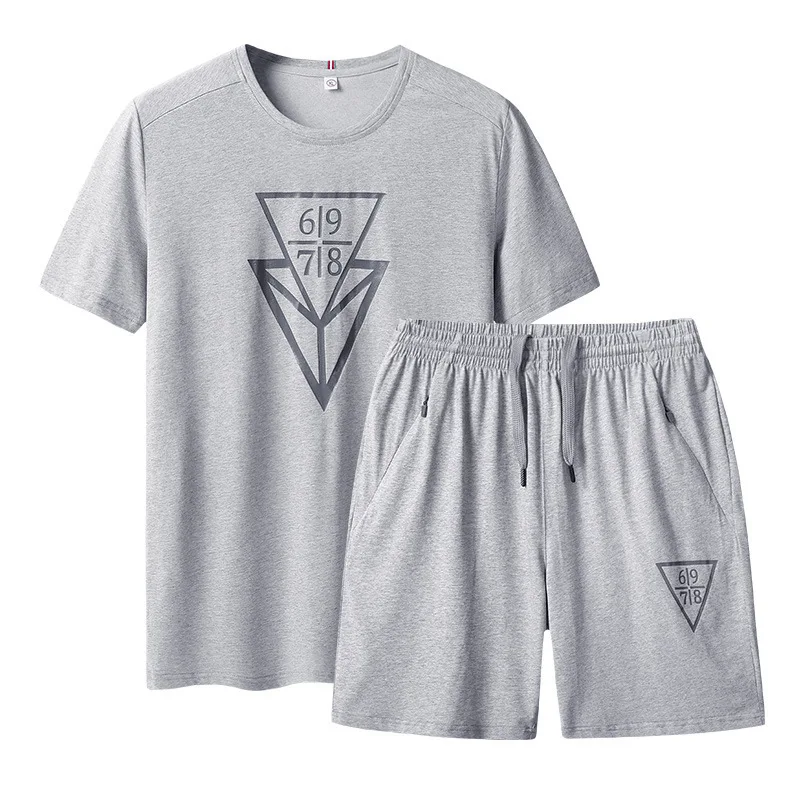 Мужской летний свободный хлопковый спортивный костюм с круглым вырезом и