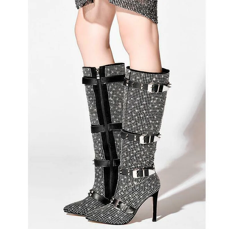 Ladiesn Stilettos High Heel Ankle/knee Thigh Boots Studded Rhinestones Shoes Crystal Womens Genuine Leather Belt Buckle Sz | Обувь