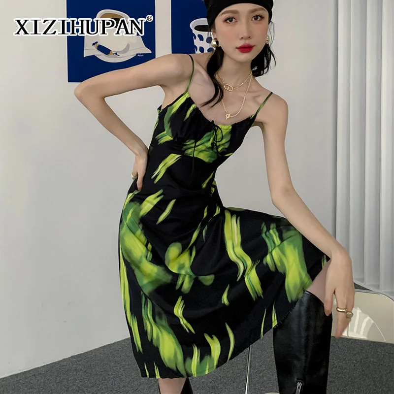 

XIZIHUPAN Temperament Print Dress For Women Square Collar Sleeveless Hit Color Loose Dresses Female Summer Fashion New 2021 Tide