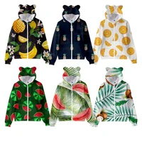 cat ears zipper hoodie 3d summer fruits pattern strawberry watermelon pineapple kids hooded girls sweatshirts female hoodies