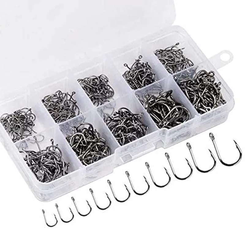 

500PCS Fishing Hooks High Carbon Steel Sharp Barb With Holes 10 Sizes Portable With Plastic Box For Freshwater And Seawater