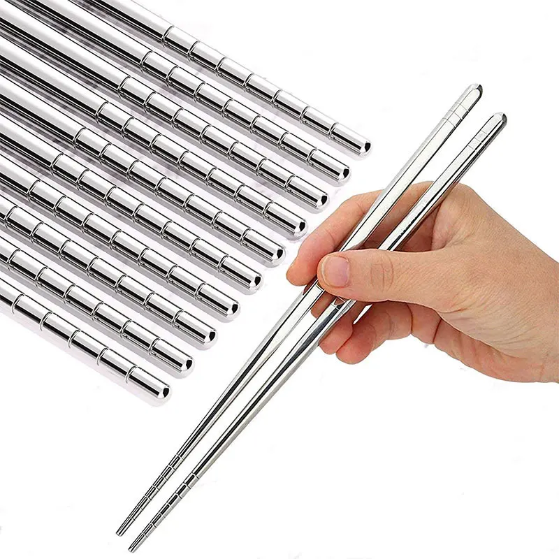 

10 Pairs 22.5cm Metal Chopsticks Food Grade Stainless Steel Sushi Sticks Non-slip Anti-scalding Food Sticks Reusable Tableware