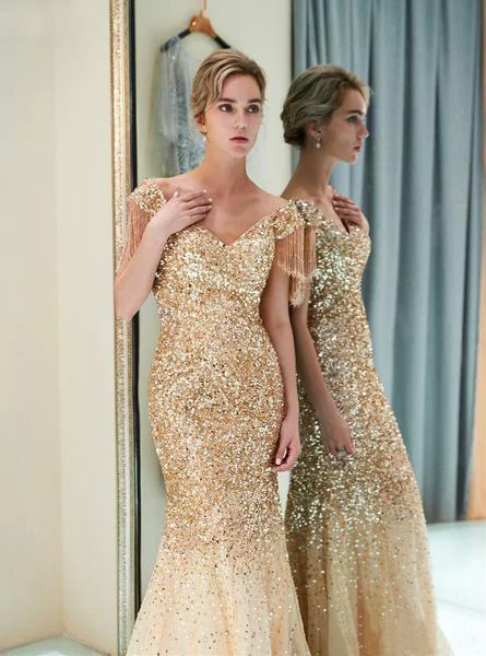 

TULX 2021 luxurywomen's square neck banquet dress high-end sexy tassel golden temperament elegant slim banquet dress