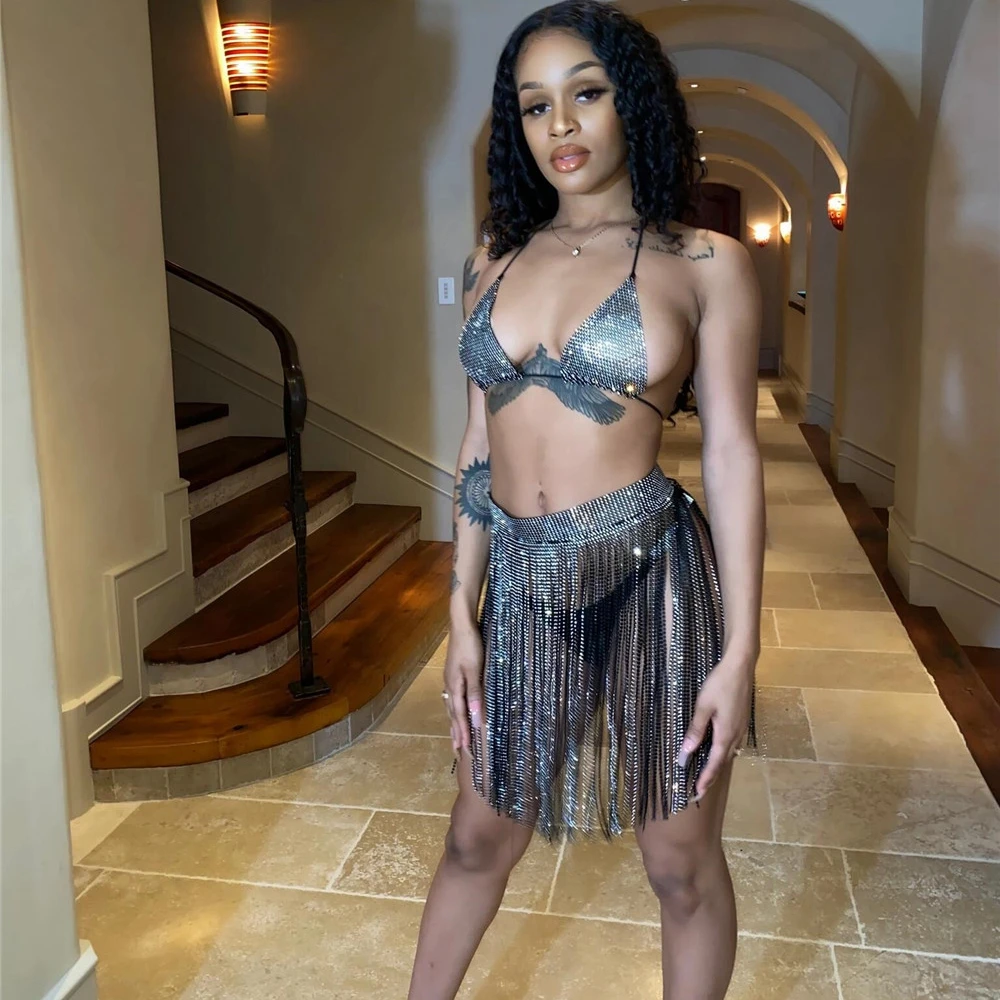 Женская Блестящая юбка миди вечерняя Клубная с блестящими стразами бахромой и