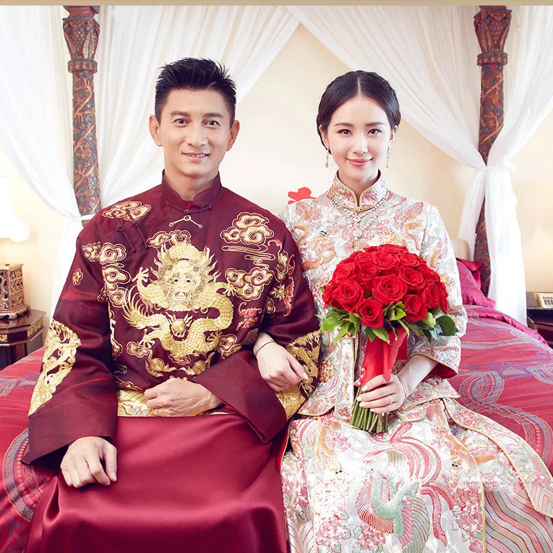 

Золотое свадебное платье для невесты, китайское платье Ципао, современное платье, потрясающая одежда для невесты, длинный комплект с вышивкой Xiuhe