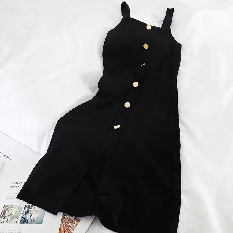 Gaganight Butt Elegant Short Knitted Bodycon Dress Women Spaghetti Strap Summer Dresses Slim Solid Chic Vestidos Korean Split | Женская