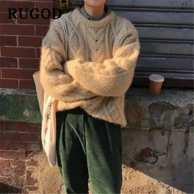 RUGOD винтажный однотонный вязаный женский свитер корейский шик скрученный мягкий