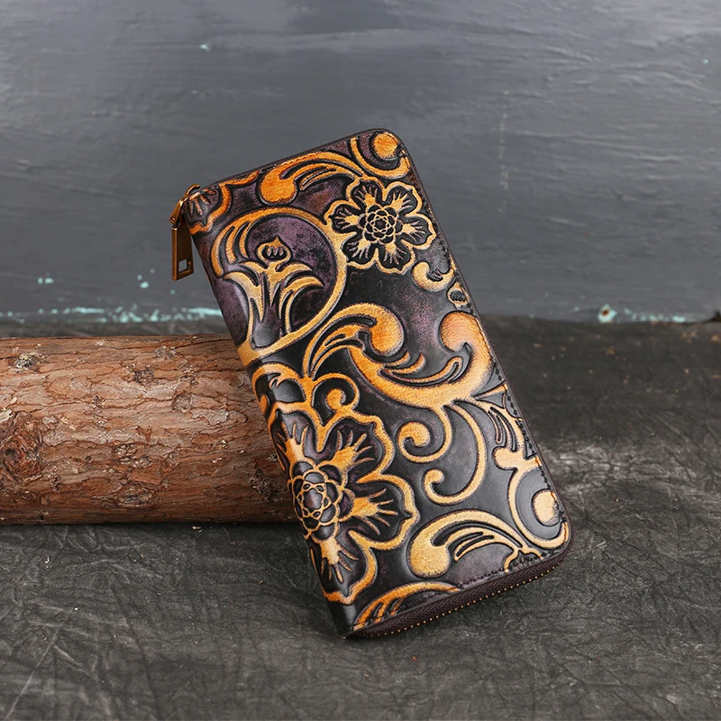 Женский клатч стильный длинный кошелек с тиснением винтажный кожаный на молнии |